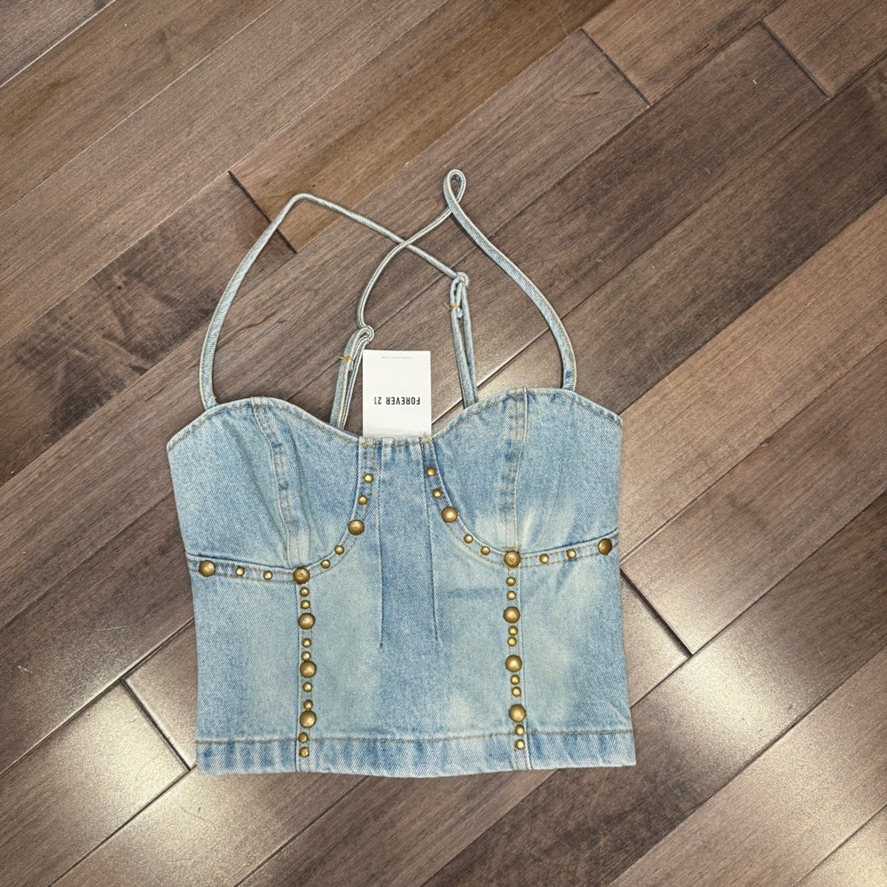 Forever 21 Denim Corset Top Studded Bustier Light Wash Blue Size Small NWT